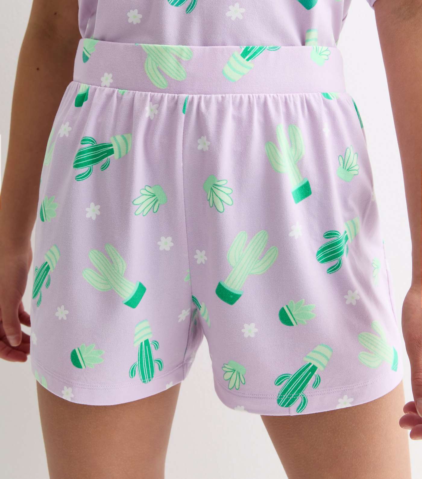 Girls Purple Pyjama Shorts Set with Cactus Print  Image 3