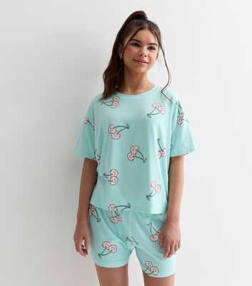 Girls Blue Soft Touch Short Pyjama Set with Cherry Heart Print