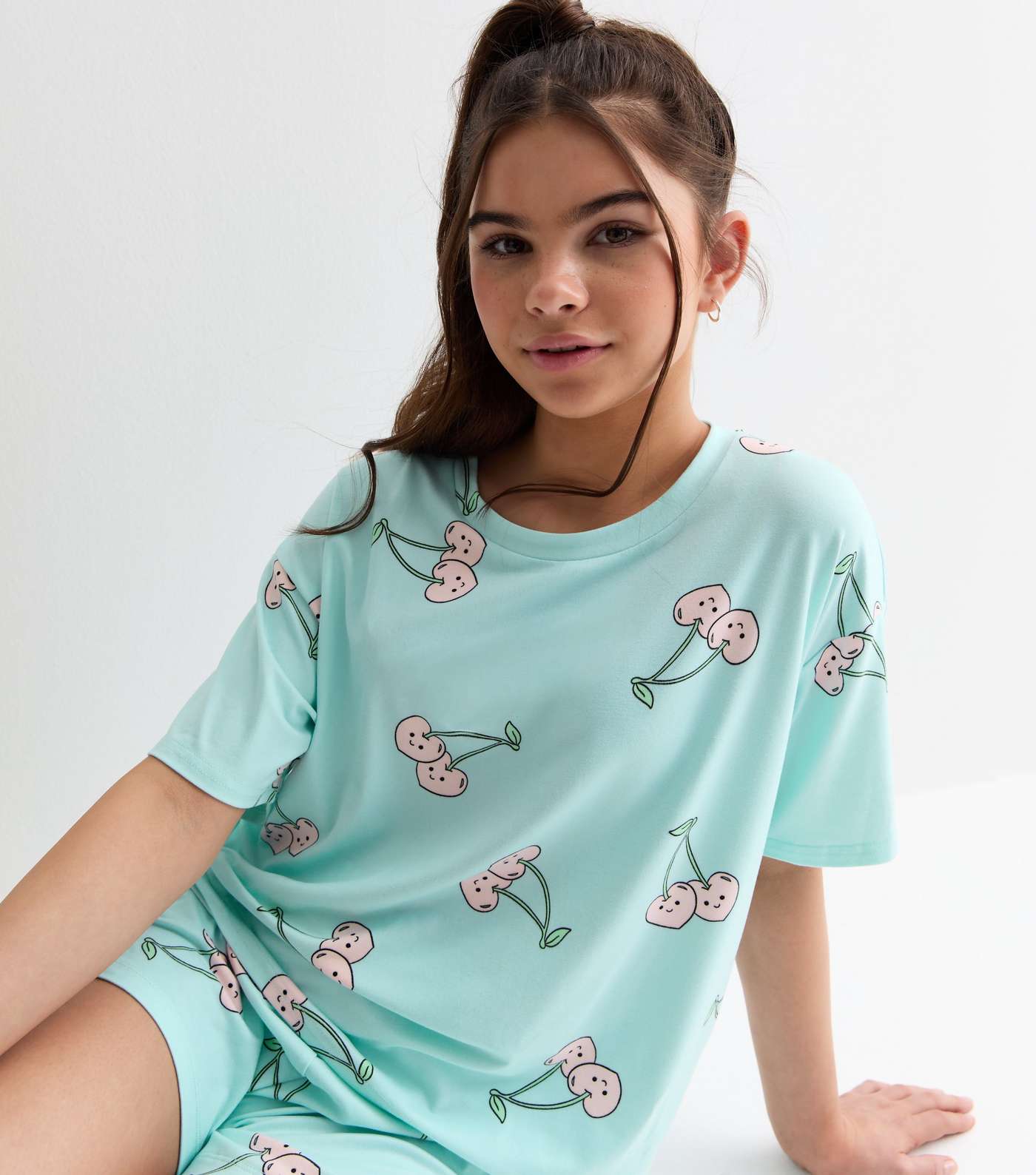 Girls Blue Soft Touch Short Pyjama Set with Cherry Heart Print Image 3