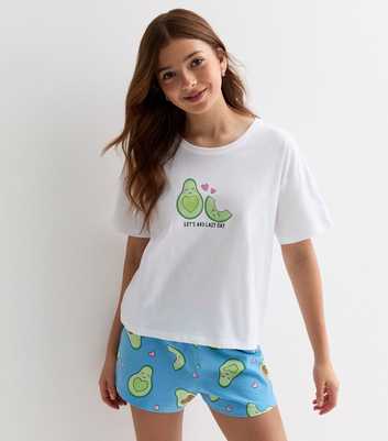 Girls White Cotton Short Pyjama Set with Avocado Logo