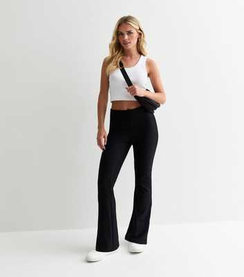 Petite Black Ribbed Jersey Flared Trousers