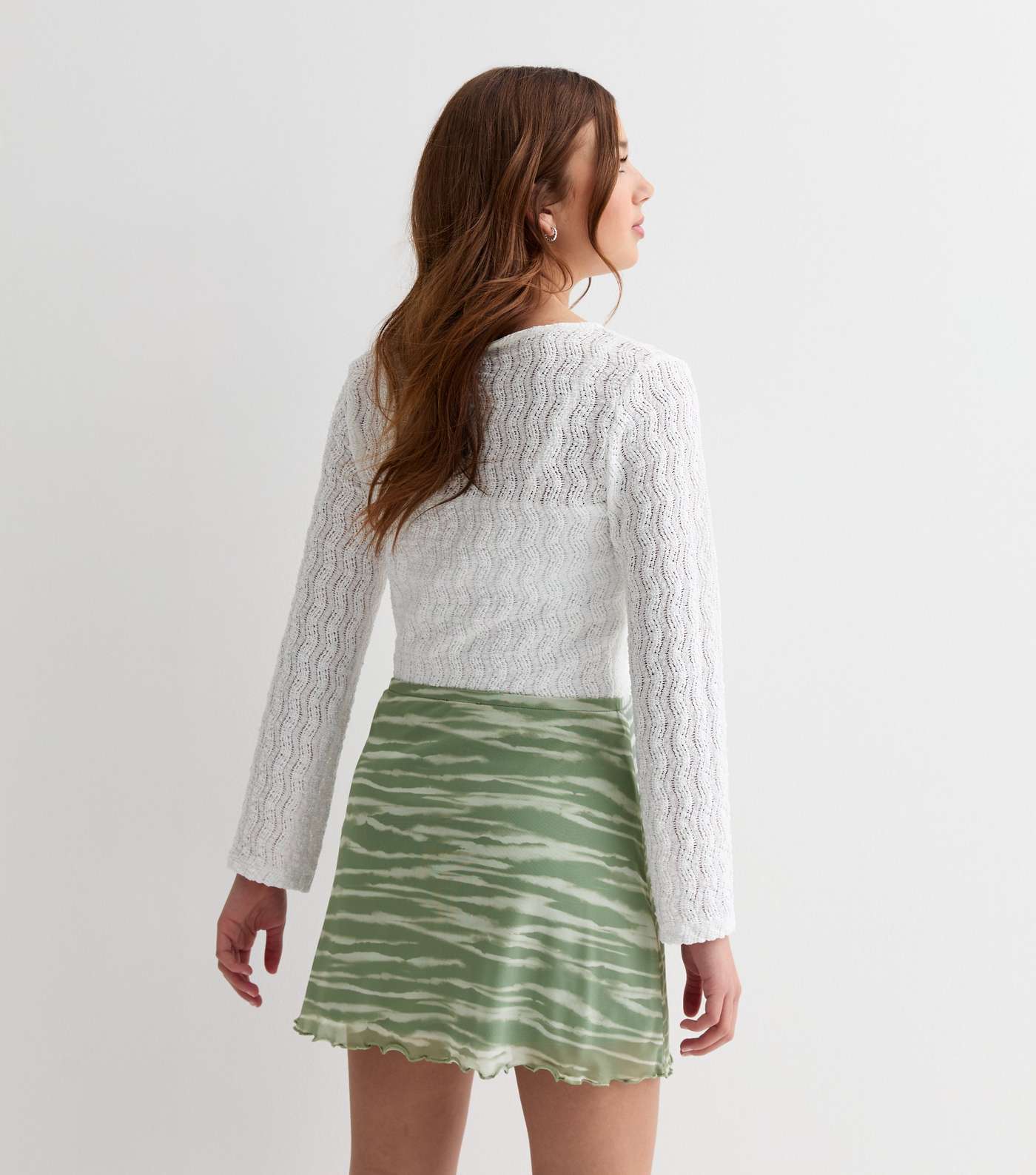 Girls Green Tie Dye Print Mesh Frill Hem Mini Skirt Image 4