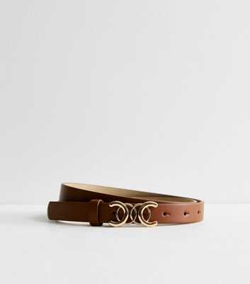 Tan Leather-Look Circle Buckle Skinny Belt