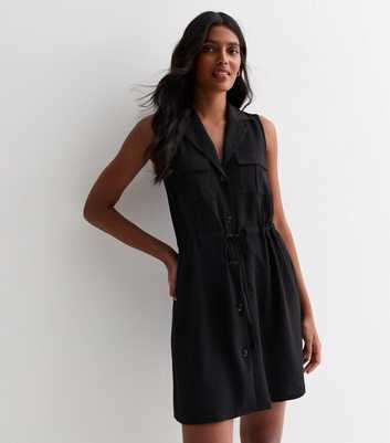 Black Sleeveless Utility Shirt Dress