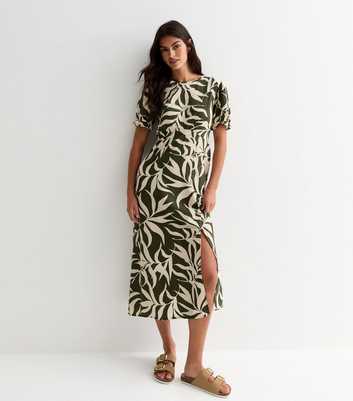 Green Leaf Print Split Hem Midi Dress