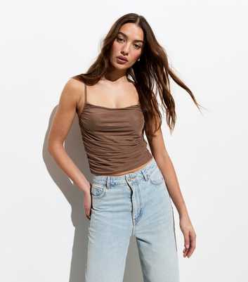 Light Brown Mesh Ruched Cami Crop Top
