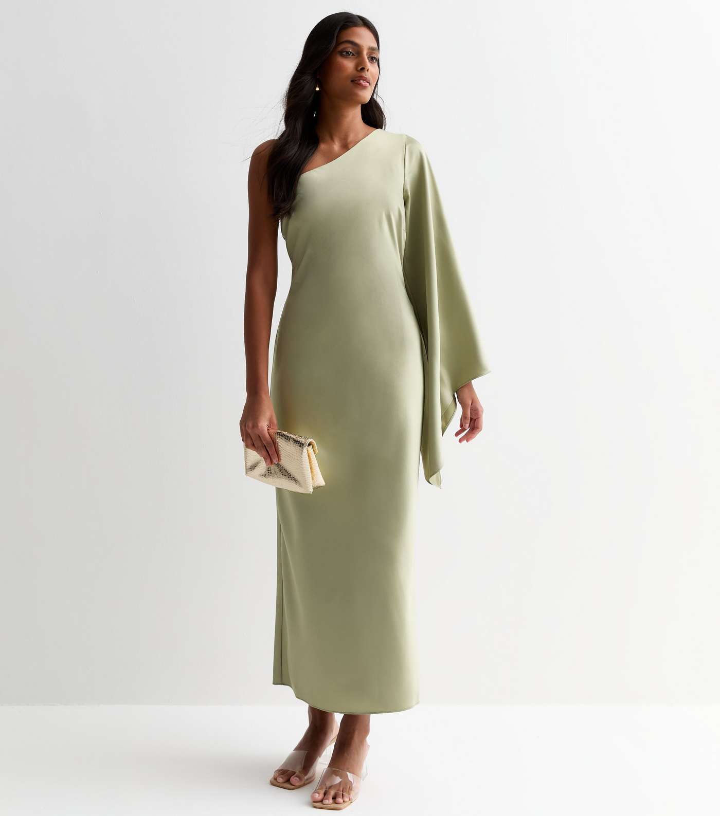 Olive Satin One Shoulder Maxi Dress Image 3