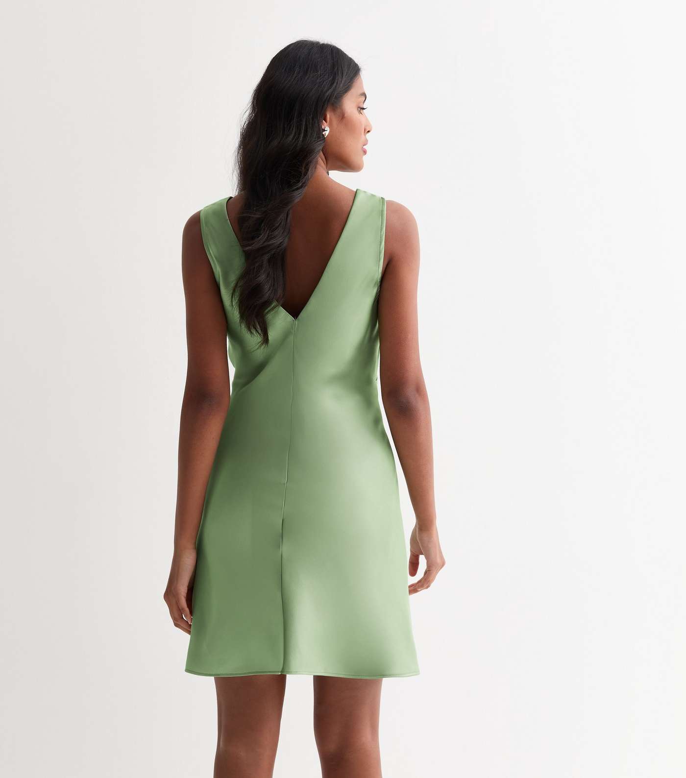 Olive Satin V Neck Sleeveless Mini Dress Image 4