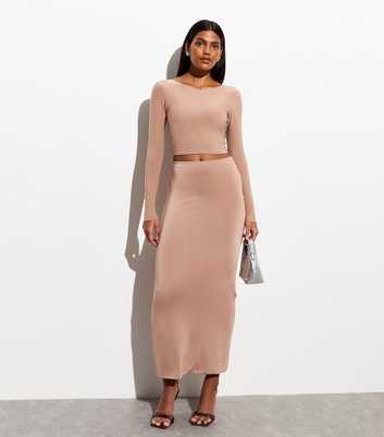 Light Brown High Waist Midi Skirt