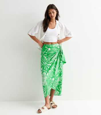 Green Shell Print Sarong Midi Skirt