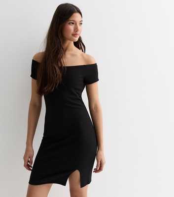 Black Ribbed Jersey Bardot Mini Dress