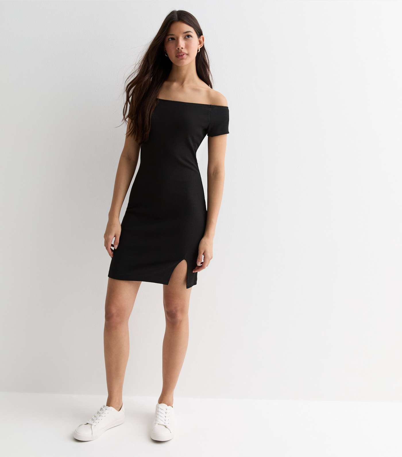 Black Ribbed Jersey Bardot Mini Dress Image 3