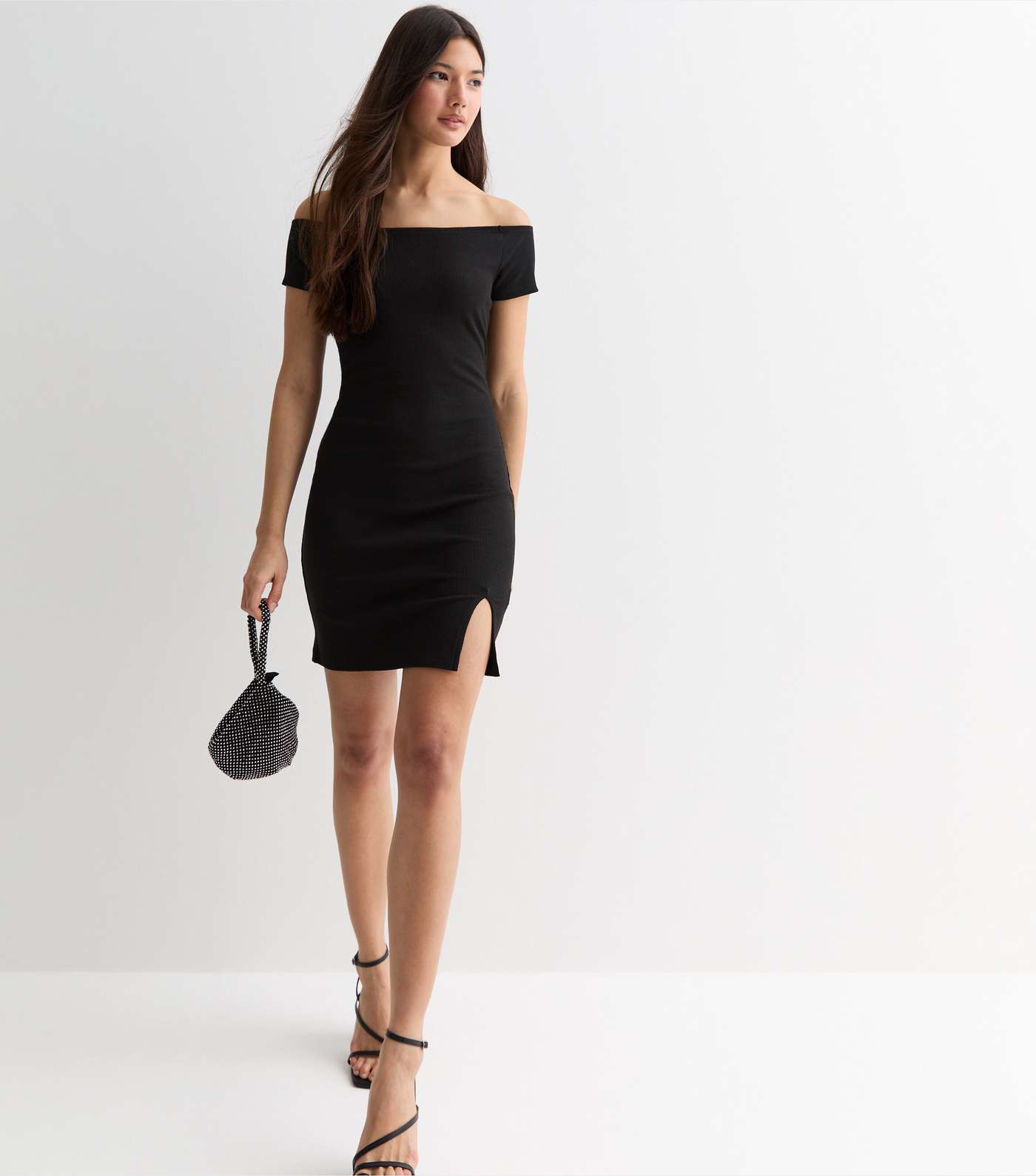 Black Ribbed Jersey Bardot Mini Dress Image 5