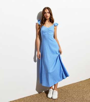 Blue Spot Crinkle Ruched Front Midi Dress