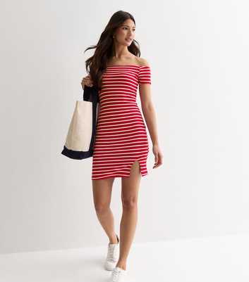 Red Stripe Jersey Bardot Mini Dress