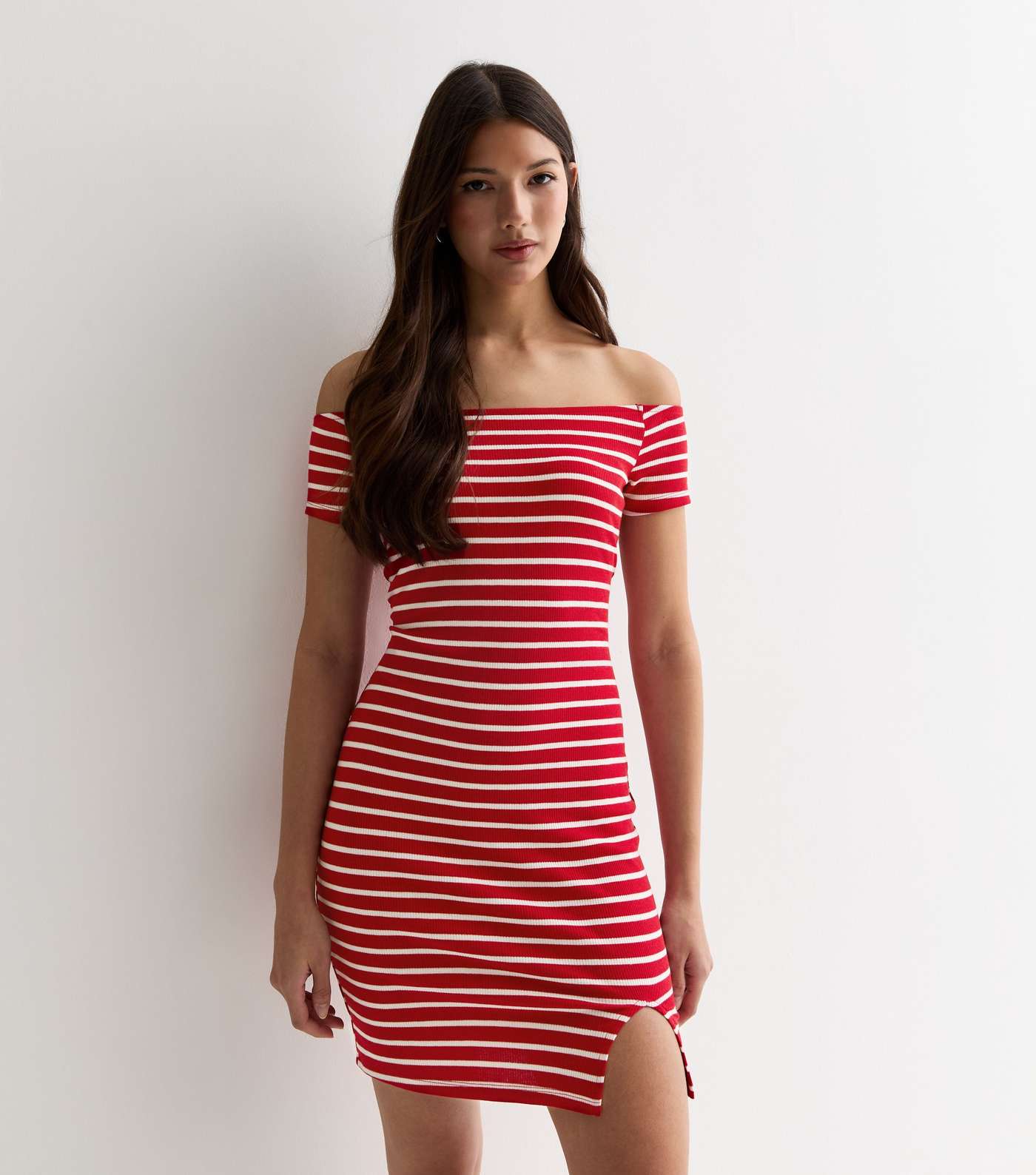 Red Stripe Jersey Bardot Mini Dress Image 2