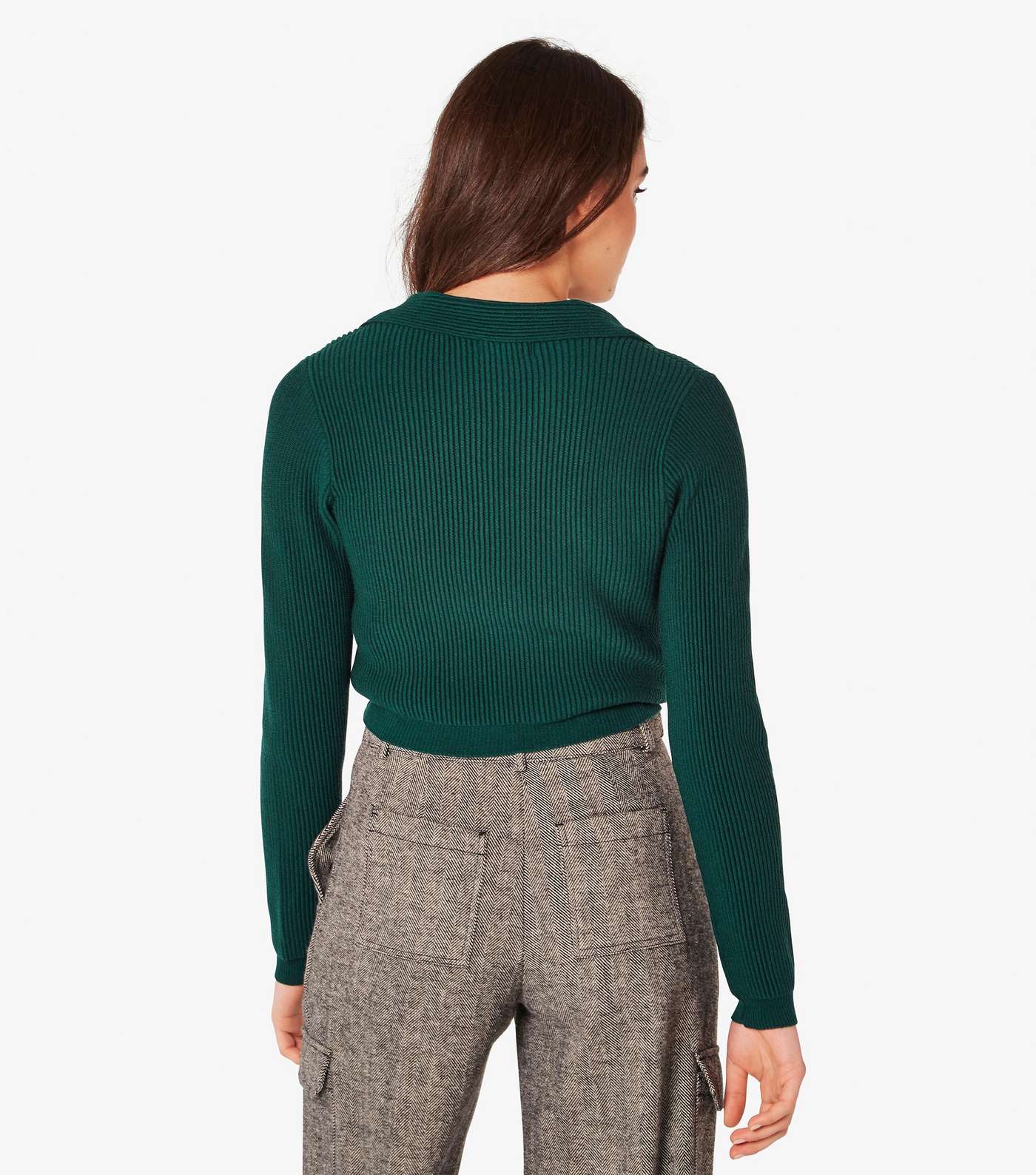 Apricot Green Ribbed Collared Crop Jumper Image 3