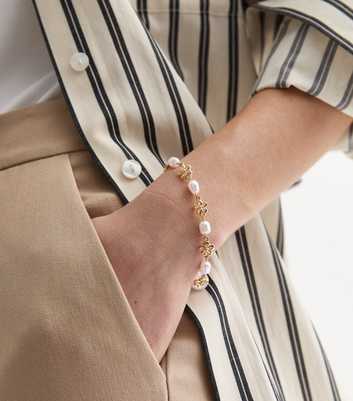 Gold Faux Pearl Flower Chain Bracelet