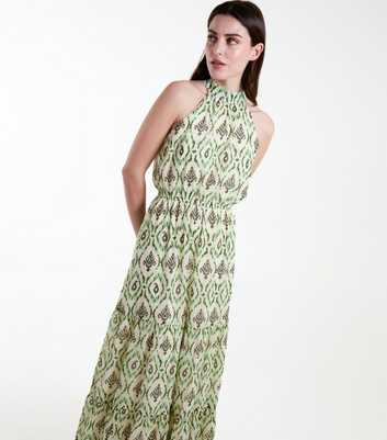 Blue Vanilla Green Aztec Print Halter Neck Midi Dress