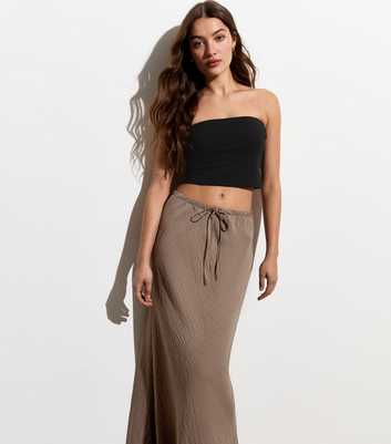 Brown Textured Drawstring Waist Maxi Skirt
