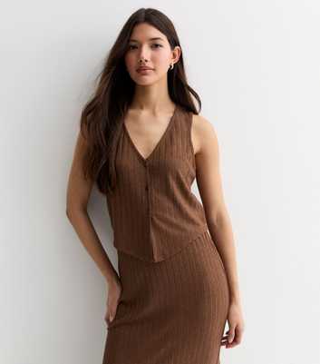 Brown Ribbed Knit Button Front Waistcoat