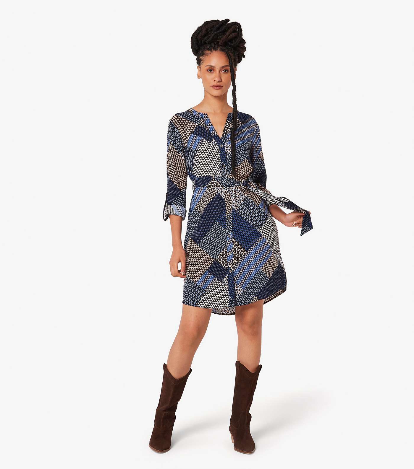 Apricot Geometric Patchwork Shirt Dress Image 2