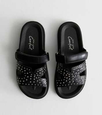 Black Studded Leather-Look Chunky Sandals 