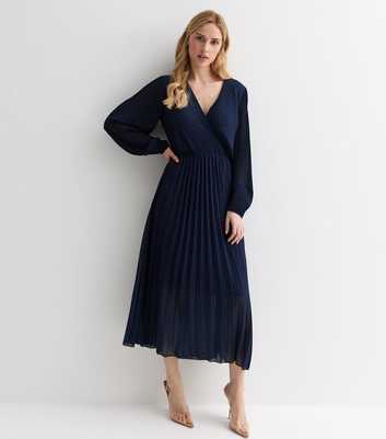 Blue Vanilla Navy Pleated Wrap Front Midi Dress