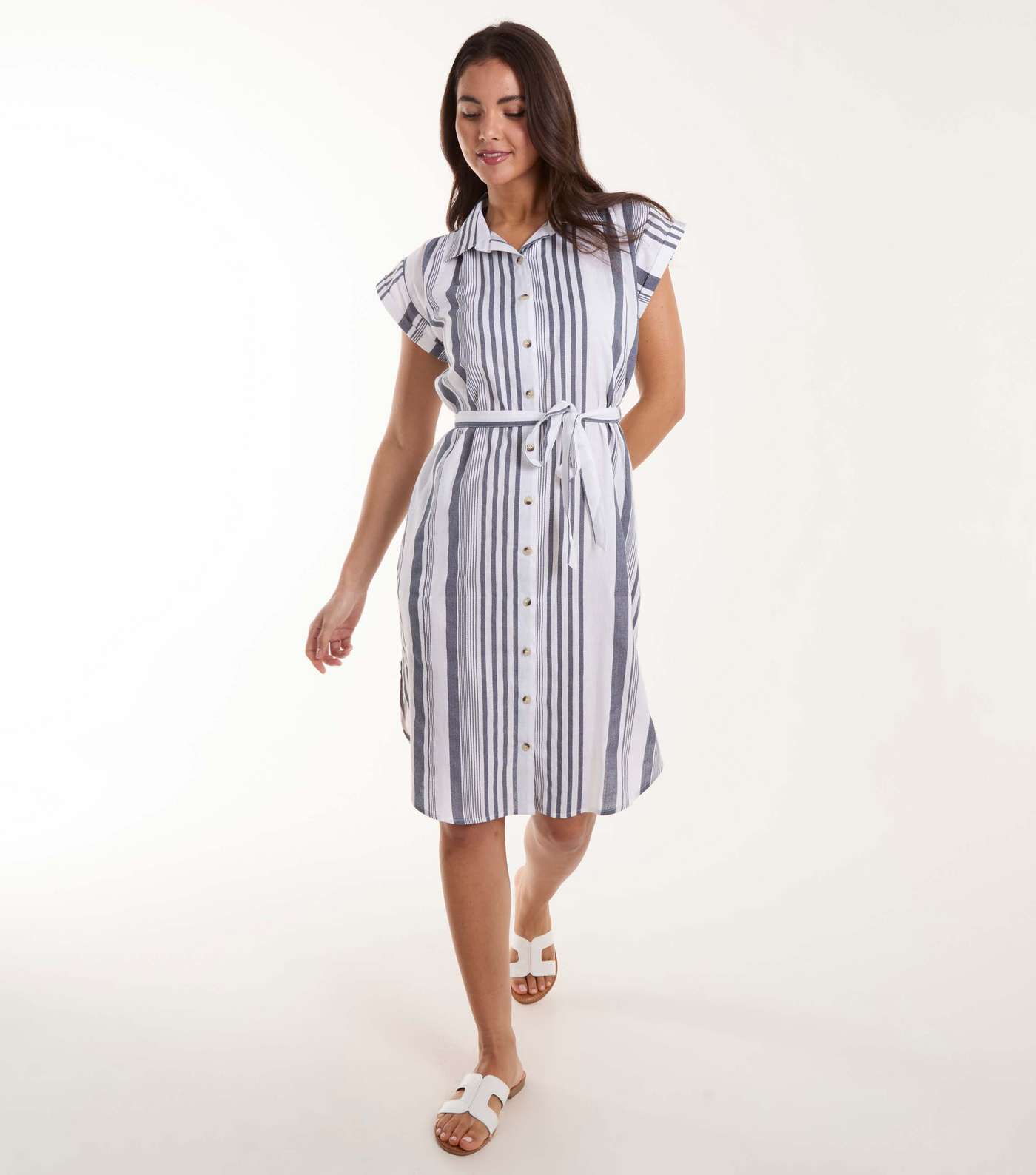 Blue Vanilla White Stripe Belted Mini Shirt Dress Image 2