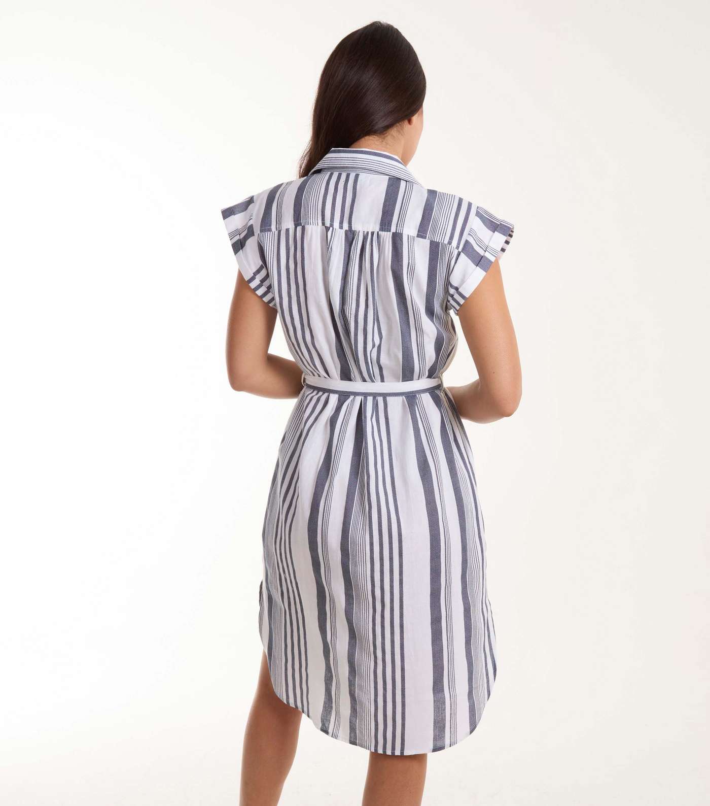 Blue Vanilla White Stripe Belted Mini Shirt Dress Image 4