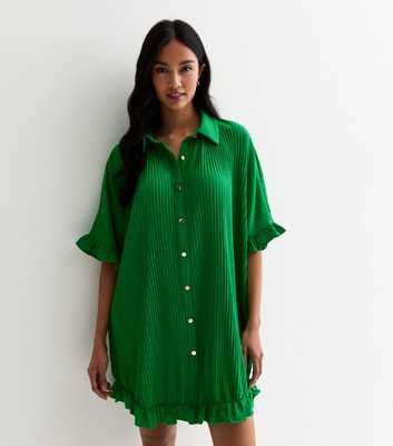 Gini London Green Plisse Frill Oversized Mini Shirt Dress