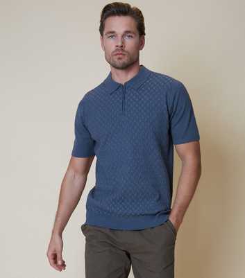 Threadbare Blue Textured Knit Zip Neck Polo Shirt