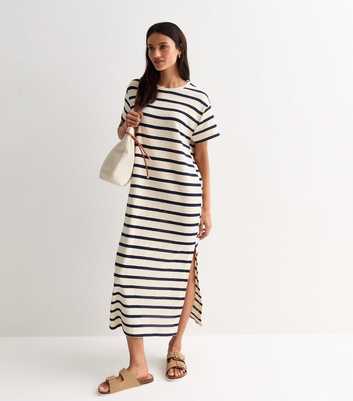 Navy and Cream Stripe Oversized Midi T-Shirt Dress