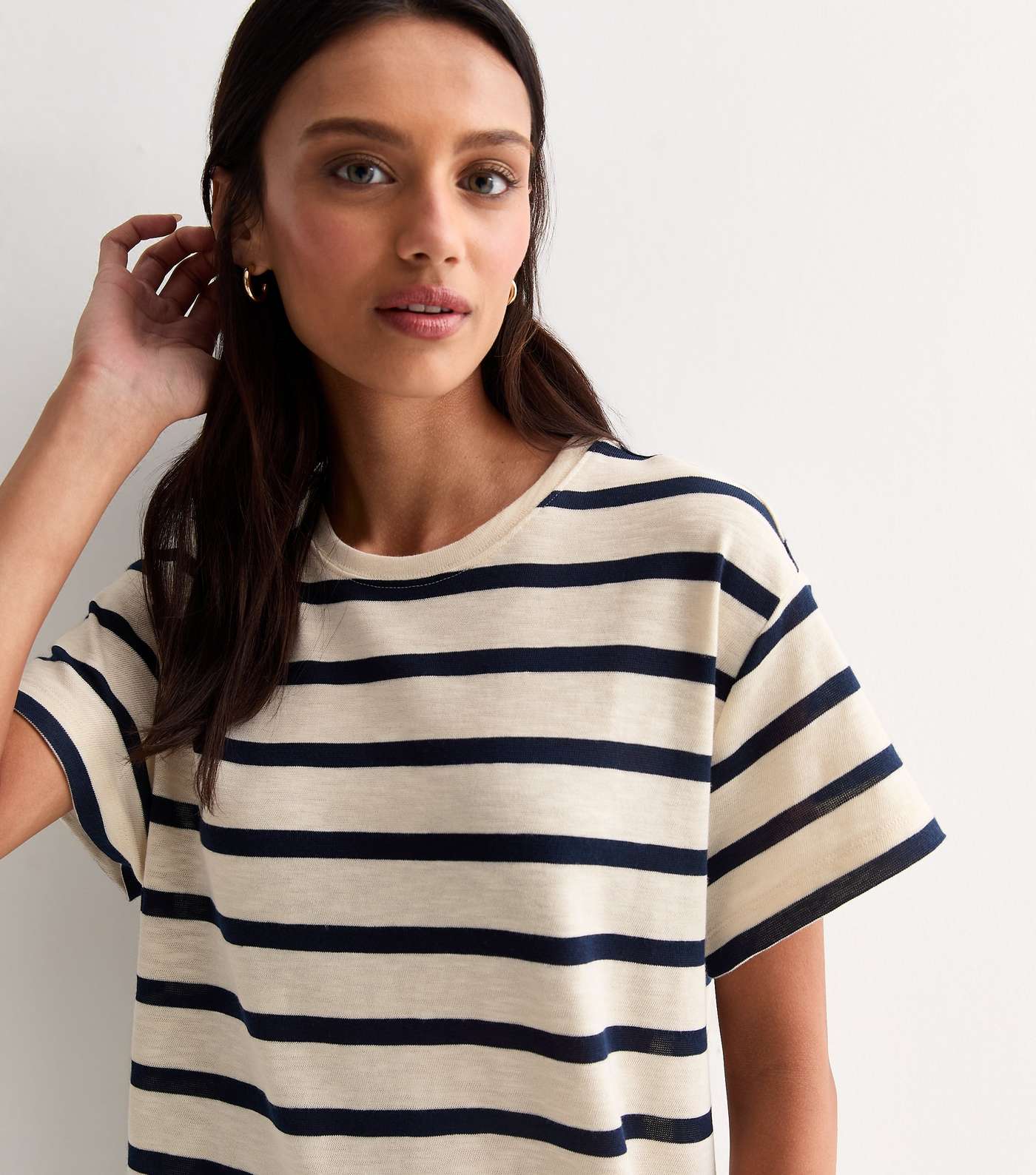 Navy and Cream Stripe Oversized Midi T-Shirt Dress Image 2