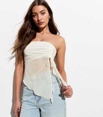 Off White Mesh Ruched Bandeau Top