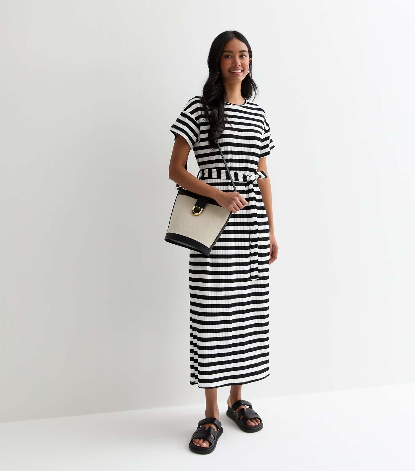 Black Stripe Belted Midi Dress Image 3