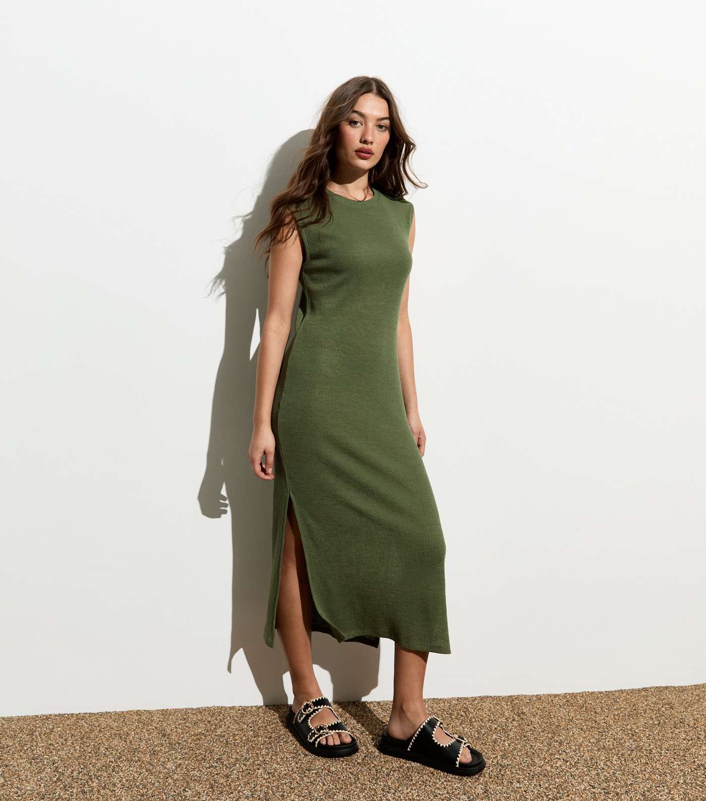 Khaki Ribbed Sleeveless Midi Dress Image 3