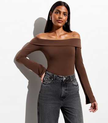 Dark Brown Bardot Long Sleeve Thong Bodysuit