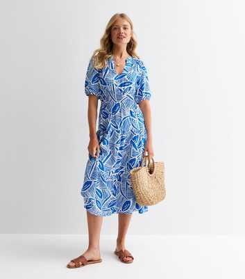 Blue Leaf-Print Midi Dress