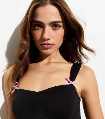 Black Bow Detail Ruched Front Top