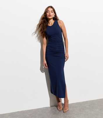 Blue Ruched Sleeveless Midi Dress