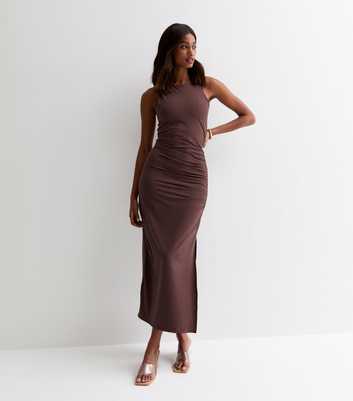 Brown Ruched Sleeveless Midi Dress