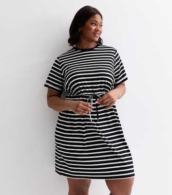 Curves Black Stripe Jersey Drawstring Mini Dress