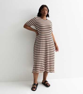 Curves Light Brown Stripe Ribbed Midi Dress