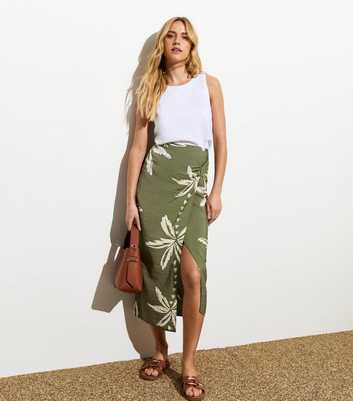 Green Palm Print Wrap Midi Skirt