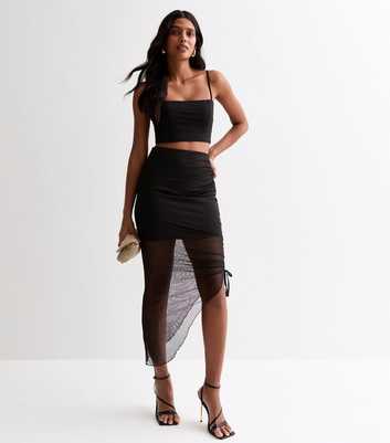 Black Asymmetric Ruched Mesh Midi Skirt
