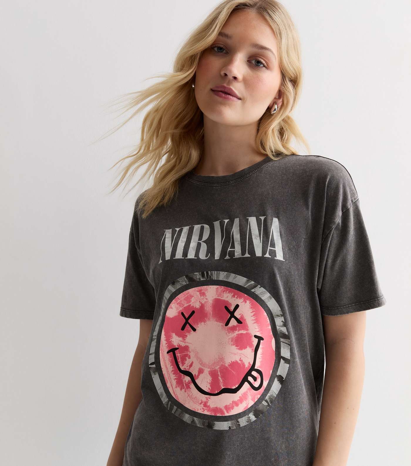 Dark Grey Acid Wash Nirvana Logo Oversized T-Shirt
