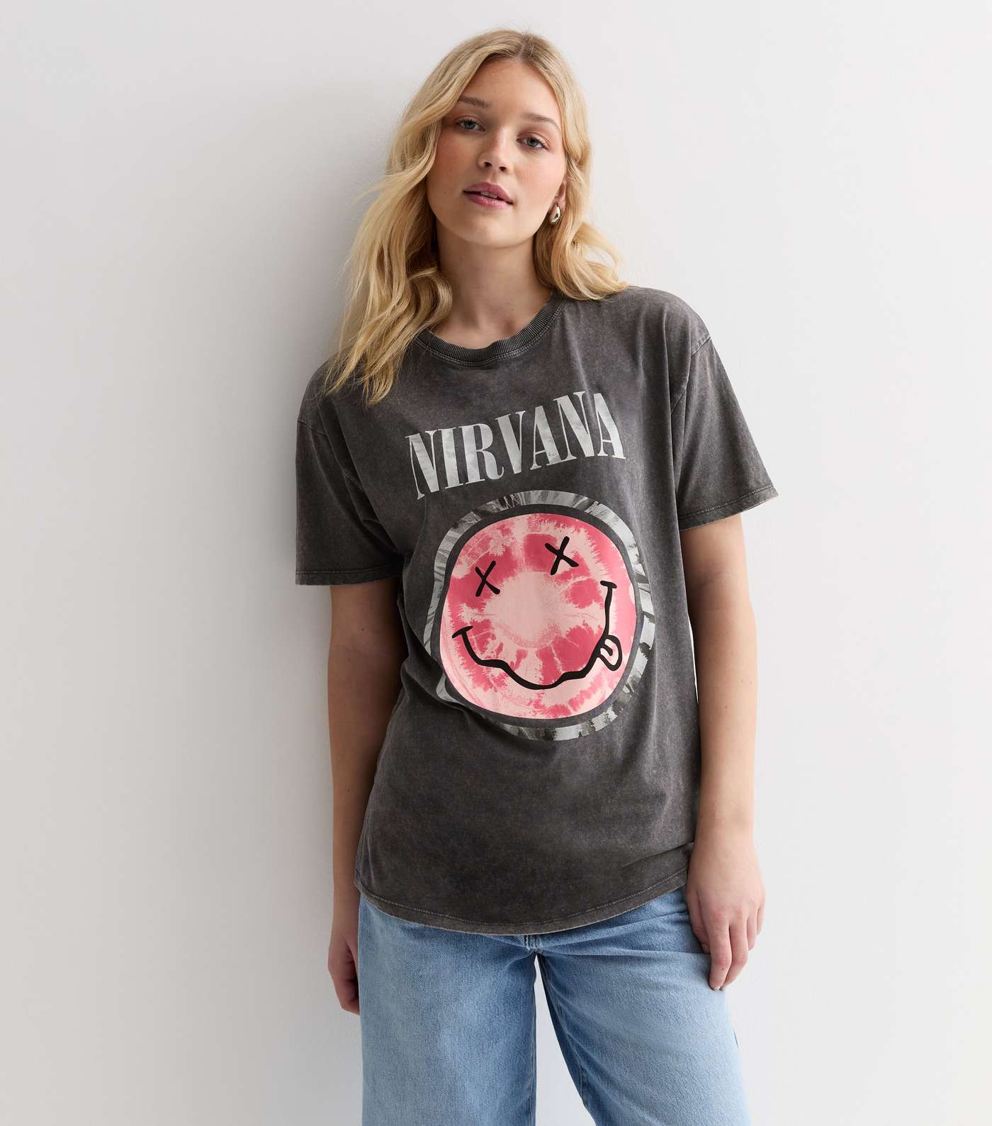 Dark Grey Acid Wash Nirvana Logo Oversized T-Shirt Image 3