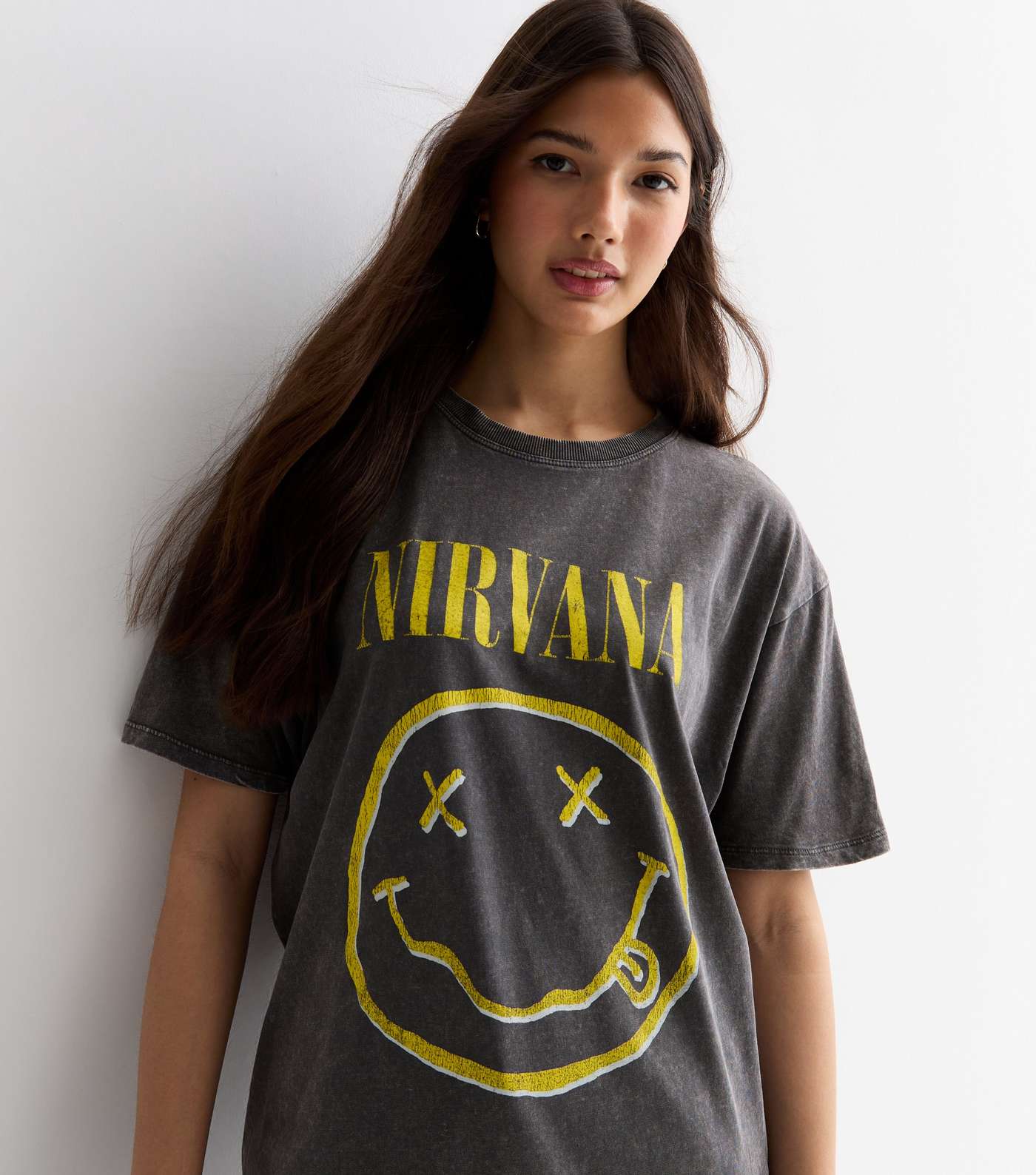 Dark Grey Acid Wash Cotton Nirvana Logo Oversized T-Shirt Image 2