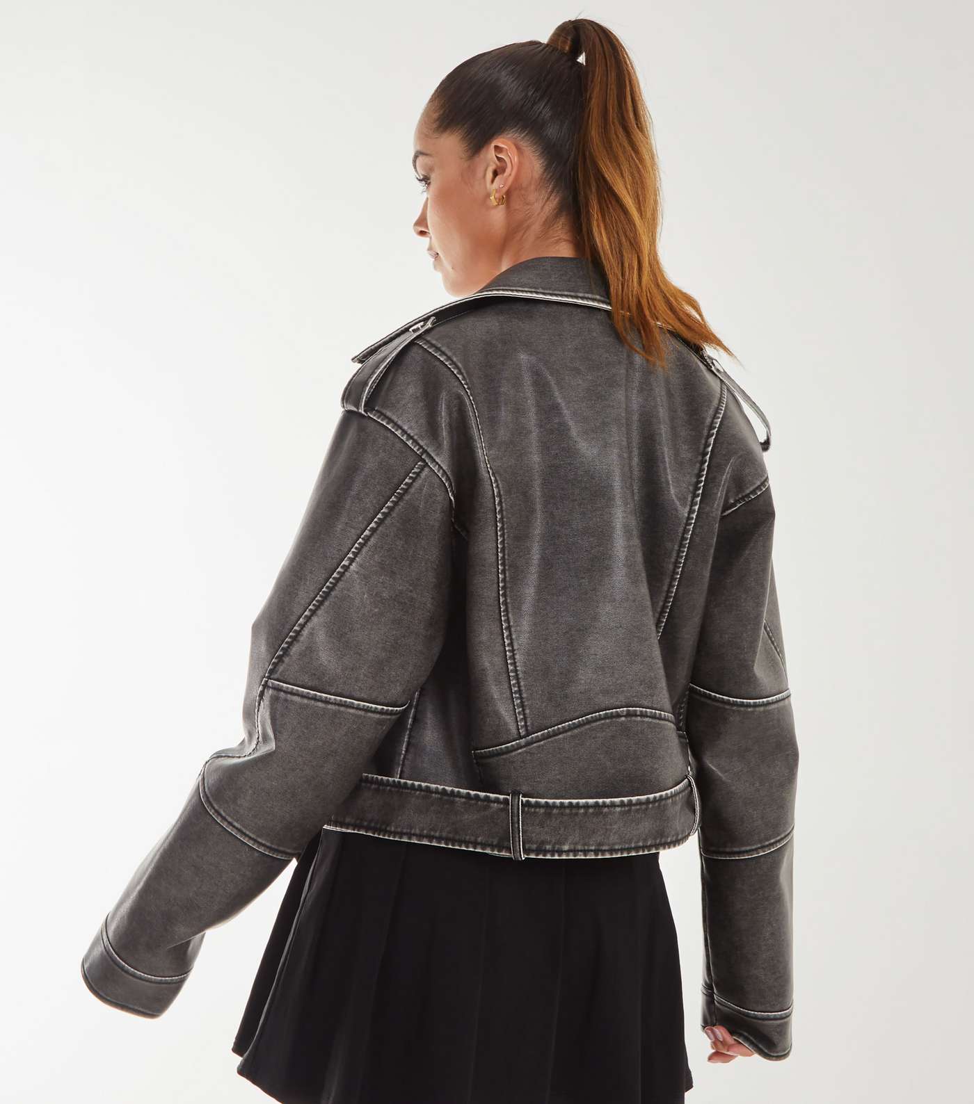 Pink Vanilla Black Stone Wash Leather-Look Biker Jacket Image 4